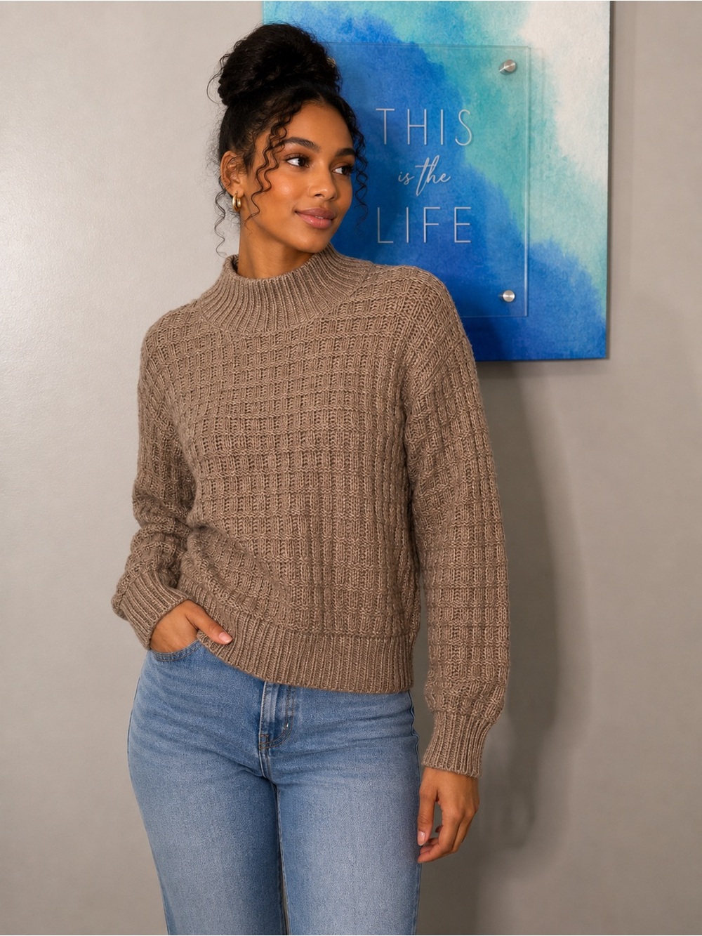 Cozy Taupe Knit Mock Neck Sweater